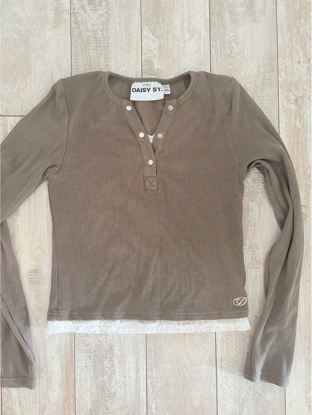 Daisy Street Ribbed Lace Trim Henley Long Sleeve Top Brown US 6